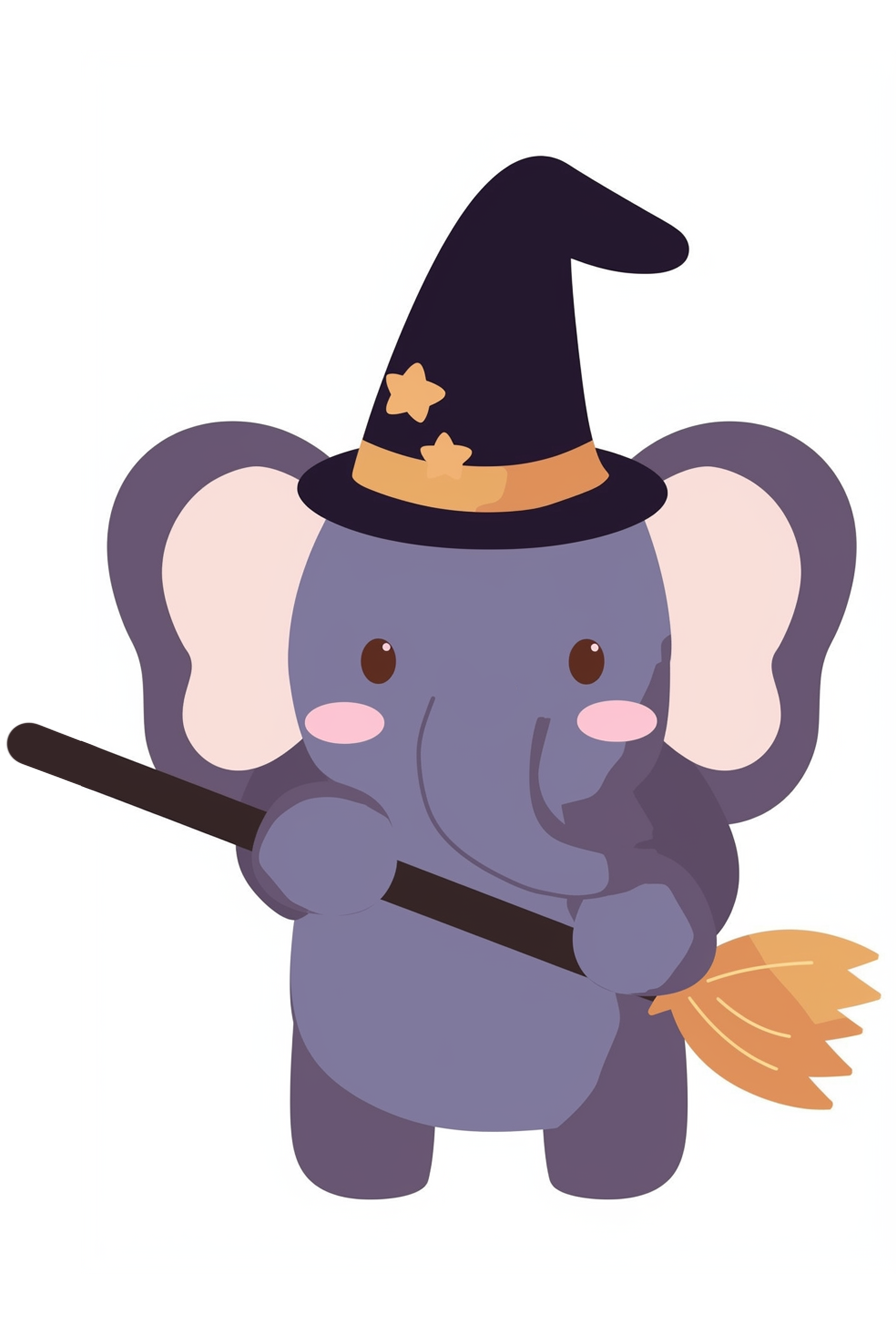 halloween cute animals drawings 2, showing a cute elephant dressed as a witch with a broom. The elephant sports a large floppy witch’s hat adorned with golden stars and sports a broad, joyful smile. Its large ears and rosy cheeks add to its charm, making it a delightful sight.